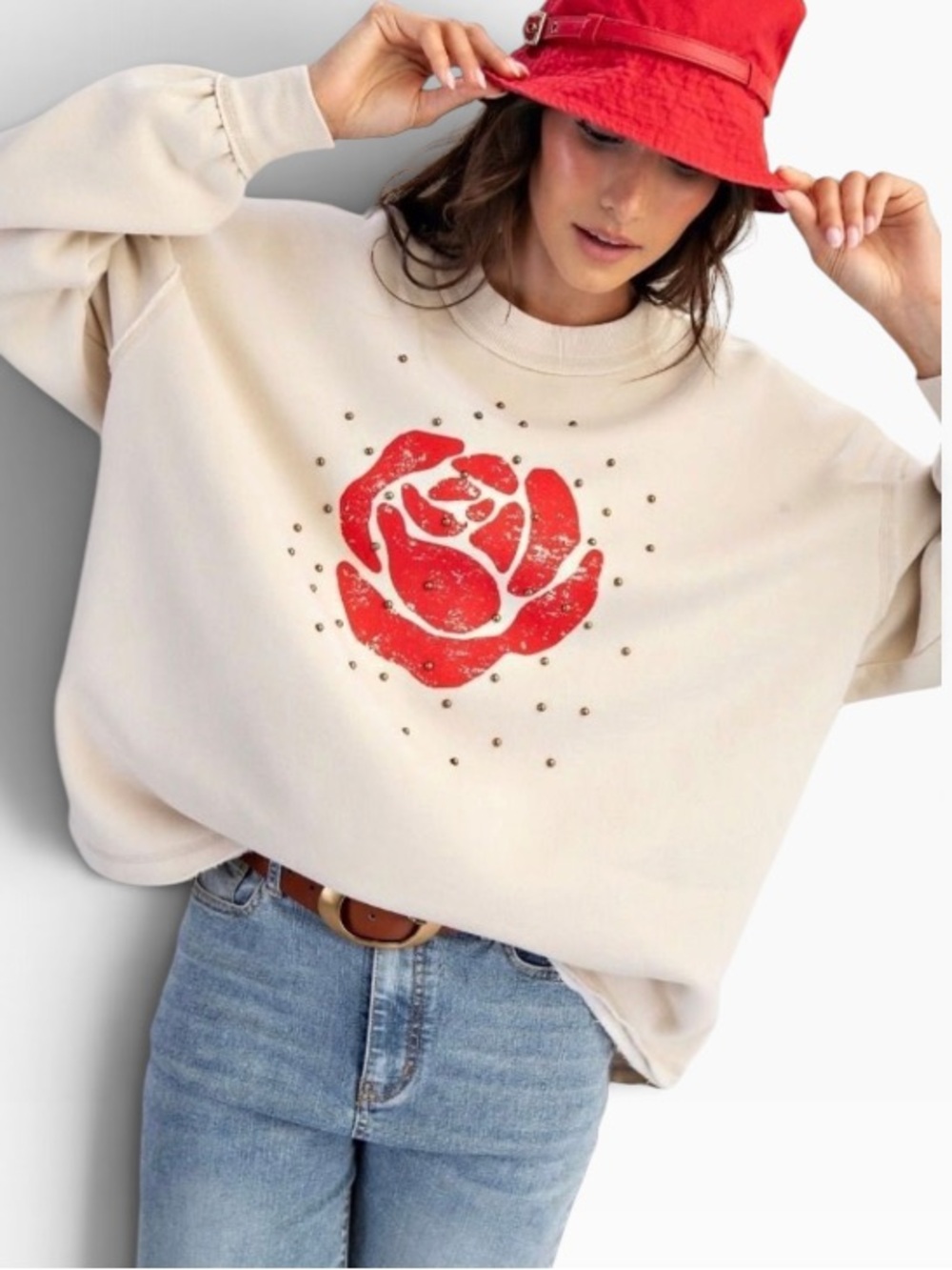 Easel Rose Terry Pullover Washed Mocha Red Rose Sweatshirt NWT